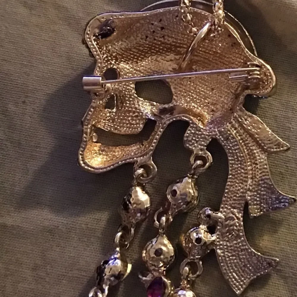 Betsy Johnson Gold Rhinestone Multicolor Crystal Pirate Skull Pendant Necklace